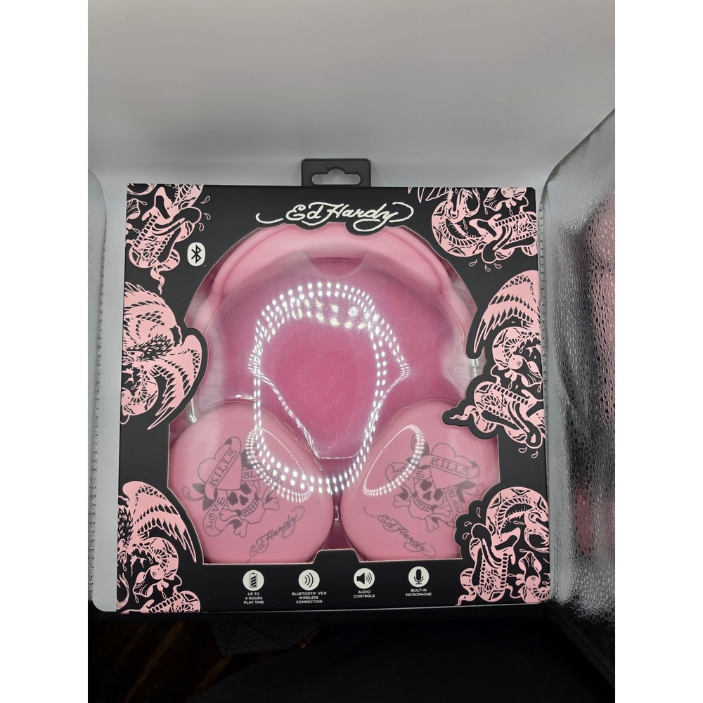 Ed Hardy Pink Love Kills Slowly Wireless Bluetooth Over-Ear Headphones New